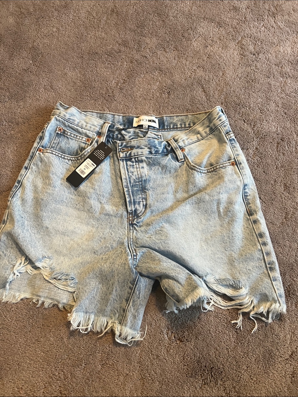 Fashion Nova Light Wash Denim Distressed Shorts - Triple Button Closure